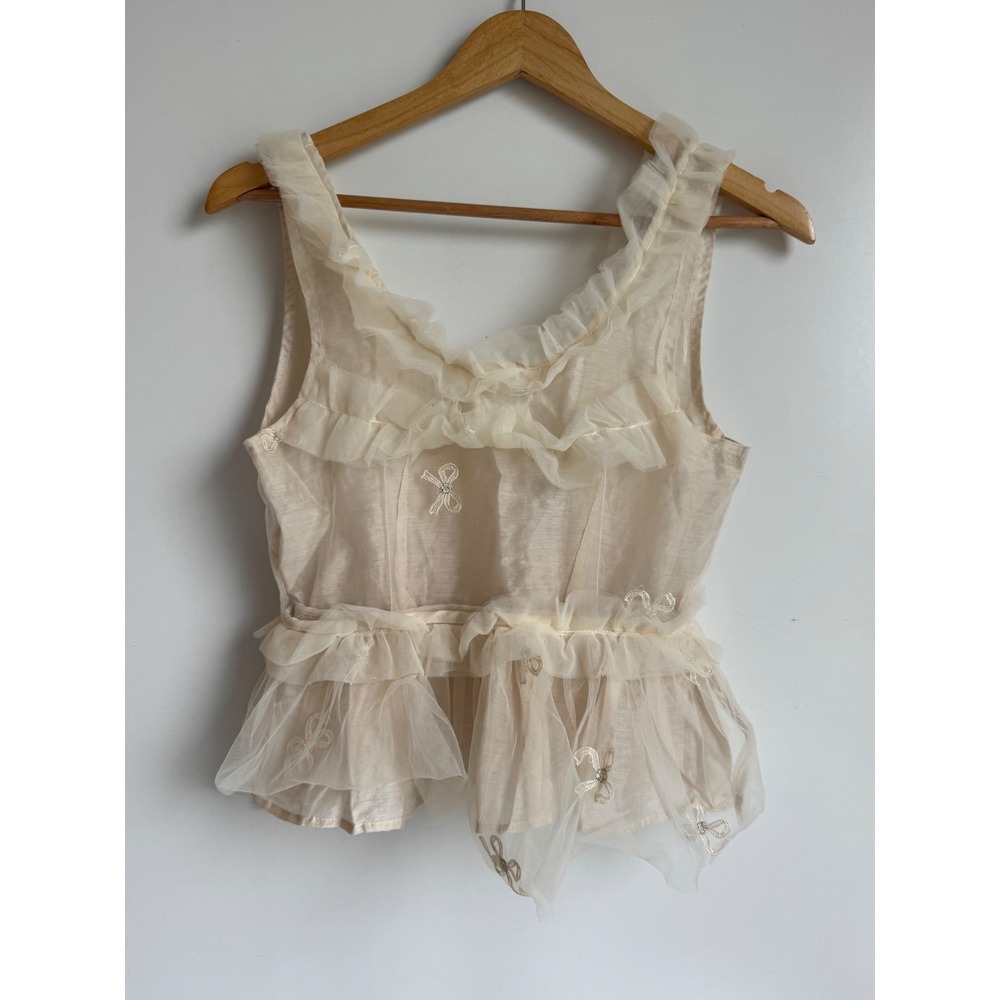 DREAM Sister Jane Cream Ruffle Peplum Top Embroidered Bows Coquette Small fairy